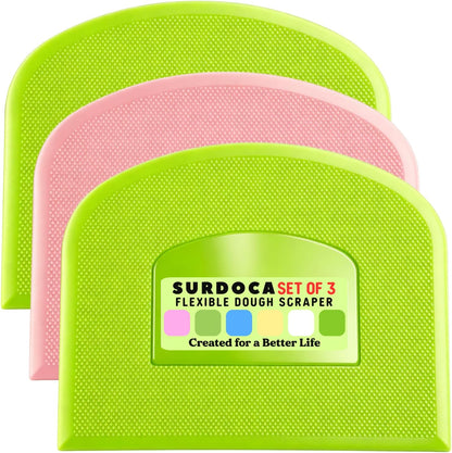 SURDOCA Dough Scraper Bench Scraper - 3P 4.7x3.7" Plastic Flexible Bowl Scraper, Sharp Edge & Angles Cake Scraper. Non-Slip Bakeware Decorating Tools Sculpting & Modeling Tools - Green+White+Green - Colors A