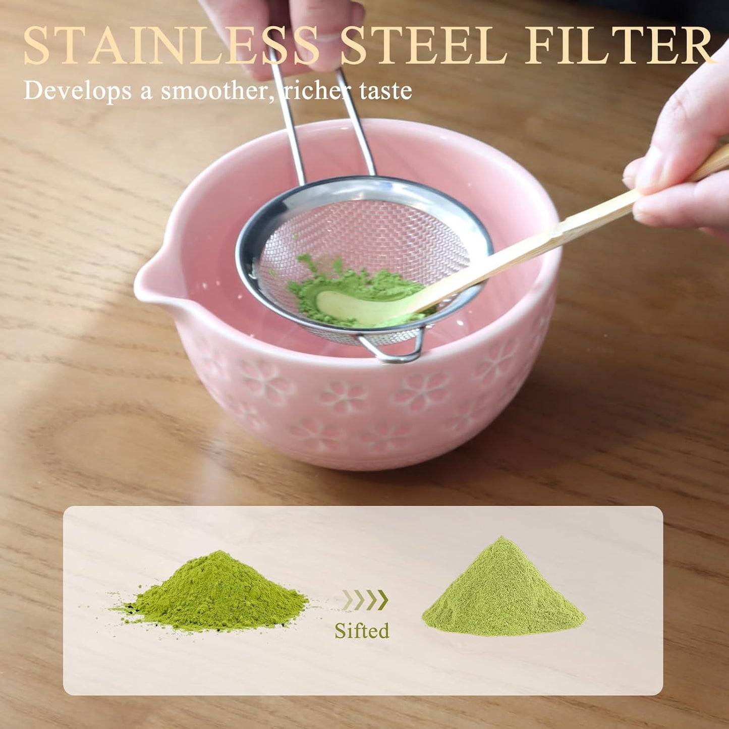 Matcha Whisk Set, Complete 7-in-1 Matcha Set Includes Matcha Bowl, Bamboo Whisk (100+ Prongs) & Holder, Bamboo Scoop & Rest, Stainless Sifter, Tea Towel, Ideal Matcha Kit for Making Matcha (pink)