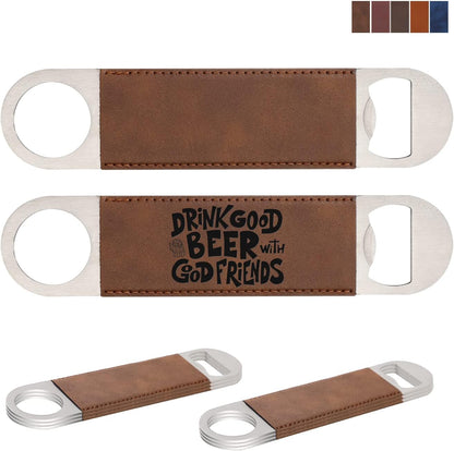 PYD Life 8 Pack Stainless Steel Flat Bottle Opener with Brown Leather Handle Blanks 1.6" x 7" for Glowforge Xtool Laser Engraing Custom Name Text Patterns,Beer Opener for Kitchen,Bar,Restaurant,Home