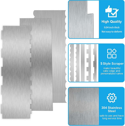 2 Pieces 8.7 Inche Stainless Steel Cake Scraper Double Sided Patterned Edge Stripe Edge Smoother Frosting Scraper Cake Decorating Cake Decorating Comb Cake Scraper For Butter Cream Mousse(2, 2)