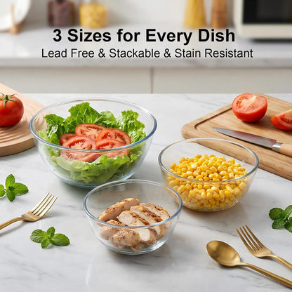 Borosilicate Glass Mixing Bowls, Set of 3 (2.8, 2.2, 1.1QT) - Heavy-Duty, Scratch Resistant & Lead-Free. Oven, Microwave, Dishwasher & Freezer Safe. Ideal for Meal Prep, Baking, Serving.