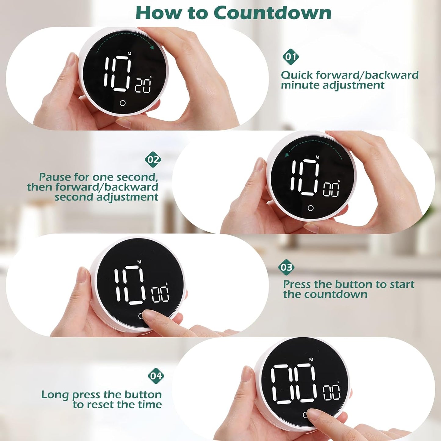 GeeRic Digital Kitchen Timers, 199 Minutes Countdown Countup Rotary Timer, Large LED Stopwatch, Volume Adjustable Kitchen, Study, Workout, and Office Timer Black