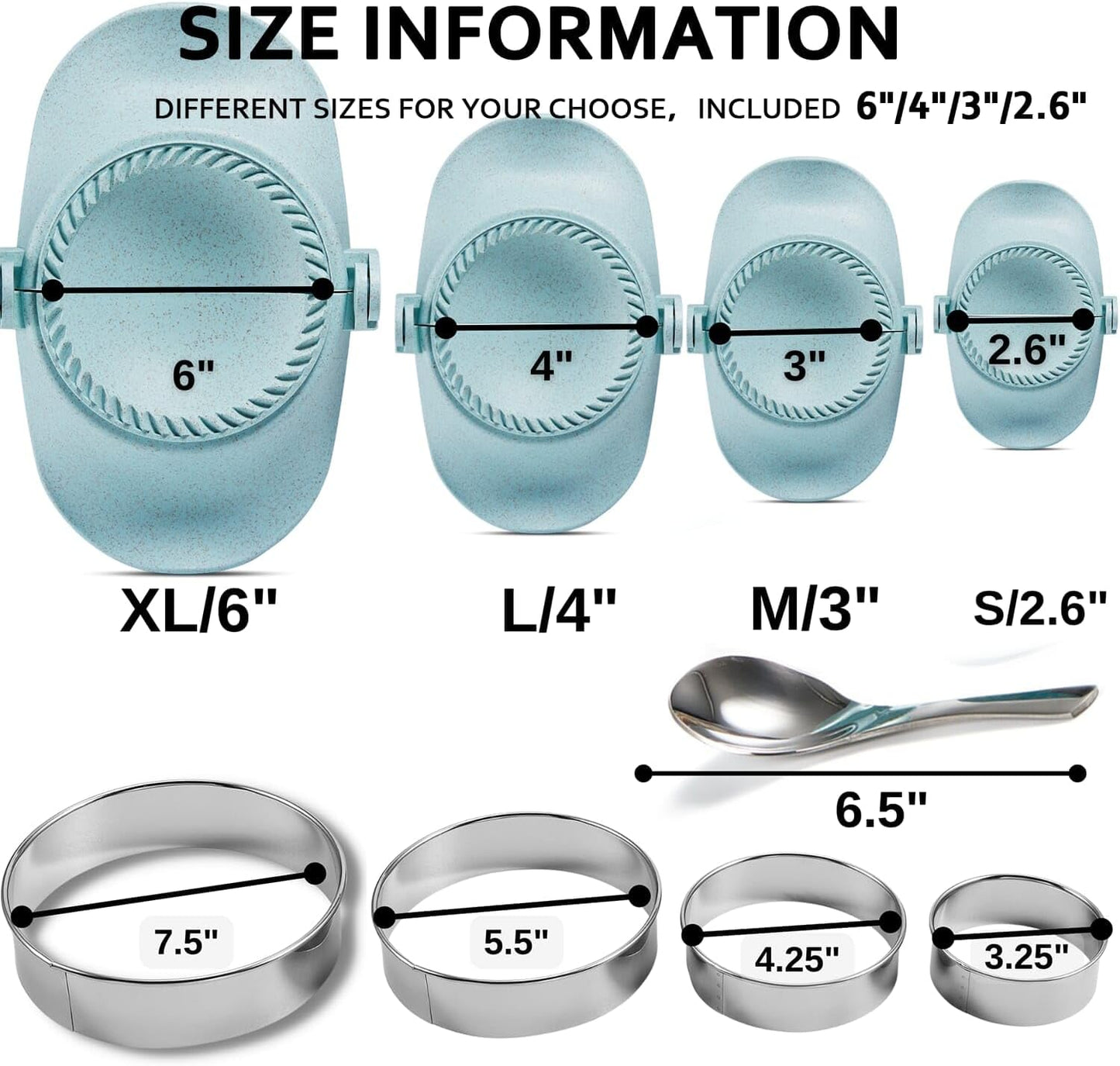 Empanada Maker Press, 6-Inch Extra Large Dumpling Maker Set with Dough Cutter, Dumpling Mold Set for Pierogi, Pastelitos, Calzone, Turnovers, Chinese Dumpling, 5Sizes (6"/5"/4"/3"/2.6")