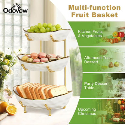 Fruit Bowl for Kitchen Counter, 3 Tier Ceramic Fruit Basket with Metal Stand, Tiered Fruit Stand for Countertop, Modern Multi Serving Bowl for Party Dessert, Vegetable, Snack