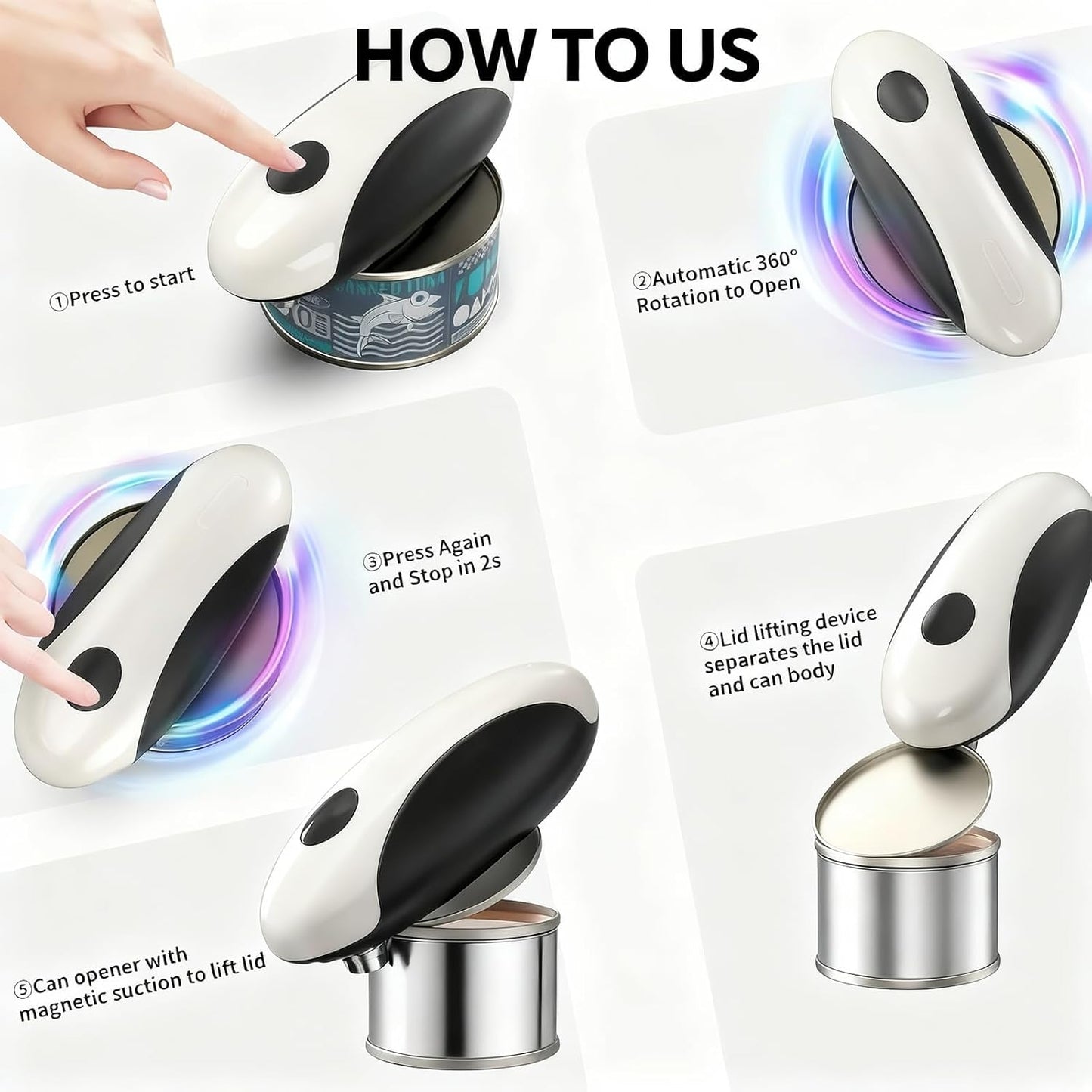 Electric Can Opener for Seniors & Arthritis - Rechargeable Automatic with One-Touch Open and Smooth Edge Cutting, Lid Remover, Food-Safe Stainless Steel Blade Easy to Use Hands-Free, Black