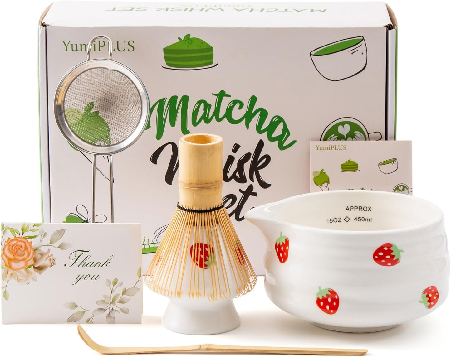 5pcs Premium Matcha Set,Ceramic Bowl with Spout and Bamboo Whisk set, Ceremonical Matcha Kit for breakfast/latte,Tea Starter Making Kit,Unique Matcha Gift set (pink love)