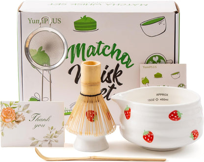 5pcs Premium Matcha Set,Ceramic Bowl with Spout and Bamboo Whisk set, Ceremonical Matcha Kit for breakfast/latte,Tea Starter Making Kit,Unique Matcha Gift set (pink love)