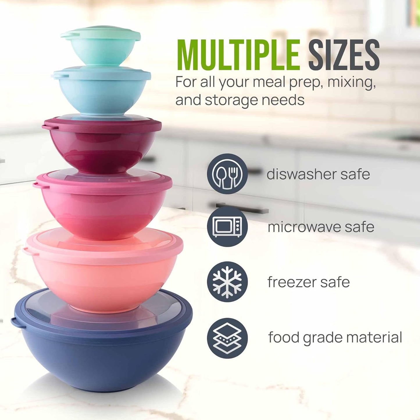 Zulay Kitchen 12 Piece Plastic Mixing Bowls with Lids Set - Leak-Proof Microwave & Freezer Safe Stackable Mixing Bowl Set for Preparing, Serving and Storing - Non-Slip Large Nesting Bowls (Blue Ombre)