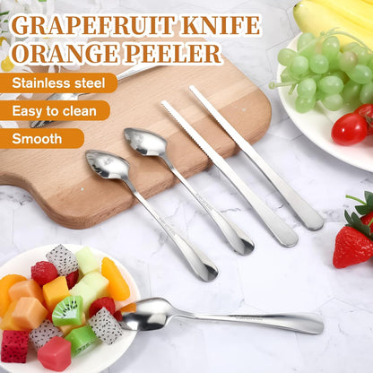 6 Pcs Grapefruit Spoon, Grapefruit Spoon Knife Set with Serrated Edge Stainless Steel Fruit Knife for Citrus Lemon Kiwi Orange Pitaya Avocado
