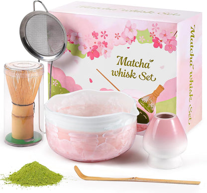 Matcha Whisk Set: Matcha Set with Bamboo Matcha Whisk and Ceramic Holder,Bamboo Scoop+Wooden Spoon,Scoop Holder,Sifter - Cute Matcha Tea Set - 6 Pcs Matcha Kit - Tools for Matchas Ceremonial Grade Kit