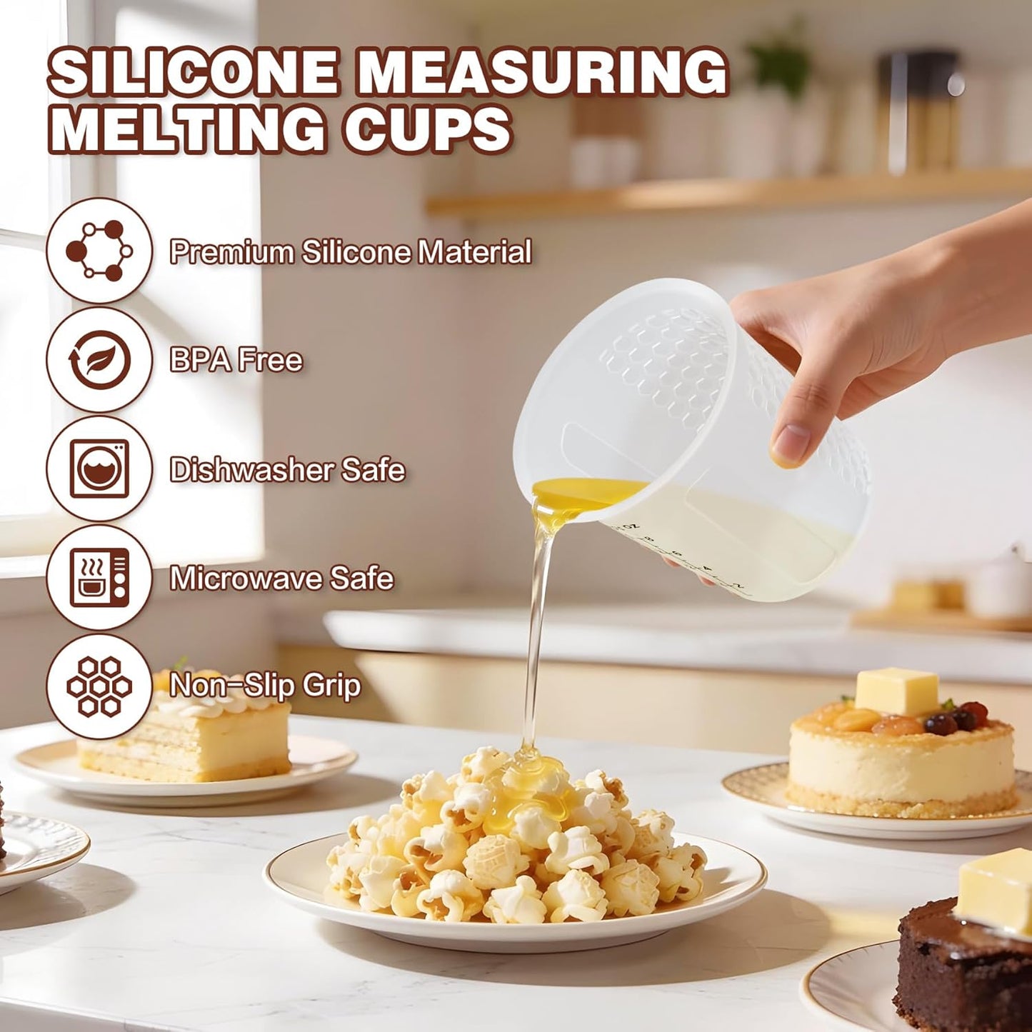 Silicone Measuring Cups Set 125ml + 250ml + 500ml for Cooking Reusable Baking Supplies Silicone Flexible Melting Measure Cup for Butter, Chocolate