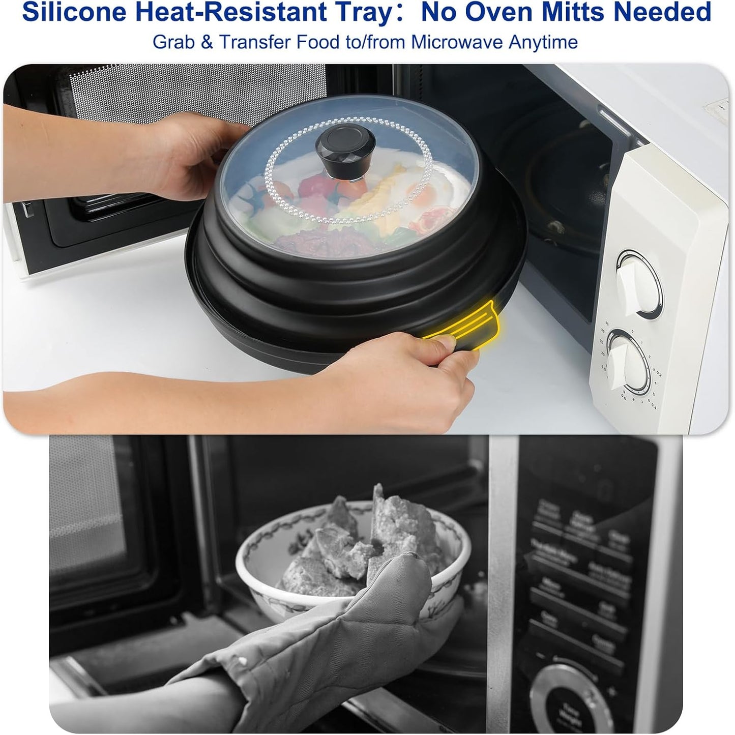 10.7 Inch Microwave Food Cover with Heat Insulation Mat, Anti-Scald Collapsible Microwave Splatter Cover, Multi-Functional as Colander & Fruit Plate, Dishwasher Safe, Ideal for Meal Prep (Gray)