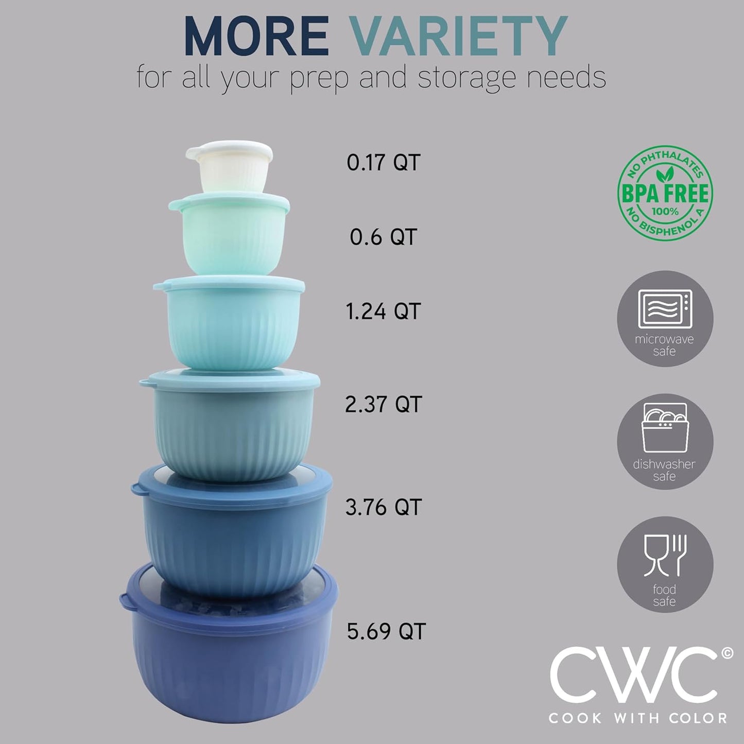 COOK WITH COLOR Prep Bowls with Lids- Wide and Deep Nesting Plastic Small Mixing Bowl Set with Lids, 8 Piece Set - Wide Bowls, Blue