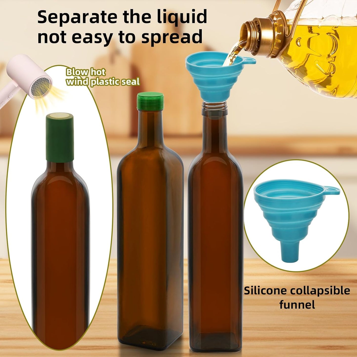 2Pcs 25 oz Olive Oil Dispenser Bottle,750 ml Glass Oil and Vinegar Dispenser Set with Pourers and Funnel ，Oil Bottles for Kitchen Large capacity oil bottles (Green 2pcs)