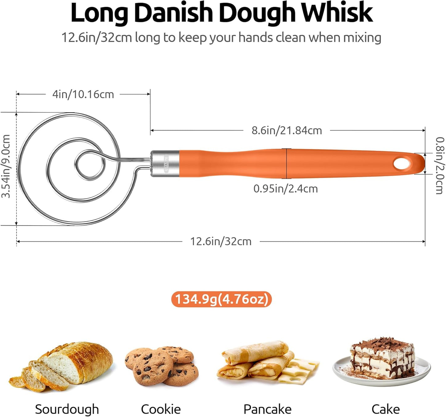 U-Taste 12.6" Danish Dough Whisk: 18/8 Stainless Steel Heavy-Duty Sourdough Mixer Tool, Food Grade Dutch Style Seamless Bread Wisk, Sturdy for Mixing, Stirring, Pressing, Kneading Thick Batter (Black)