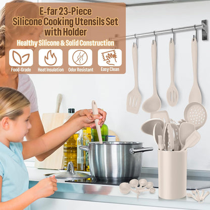 E-far Silicone Cooking Utensils Set, 7-Piece Black Heat Resistant Kitchen Utensils Set, Kitchen Nonstick Tools Spatula Ladle Spoon Pasta Server for Non-stick Cookware, Non-Toxic & Dishwasher safe