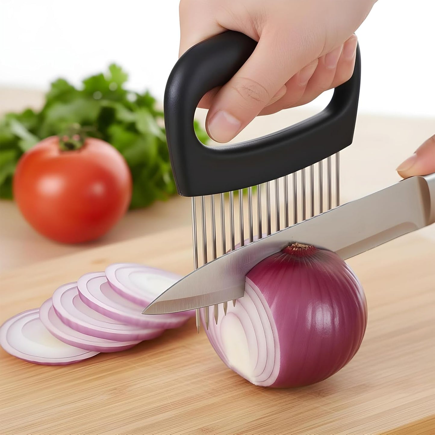 Extra-Large Onion Holder for Slicing Onion Chopper Vegetable Cutter Stainless Steel Tomato Potato Slicer with 16 Long Needles Meat Tenderizer Tool Kitchen Gadget for Potato Lemon Fruit and Meat