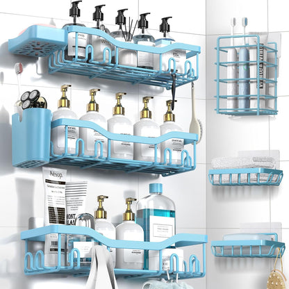 NESOMI Shower Caddy Adhesive Shower Organizer 7-Pack, Rustproof Stainless Steel Bathroom Shelves, Large Capacity No-Drill Rack Storage Accessories with Soap Dish Toothbrush Holder &24 Hooks Home Decor