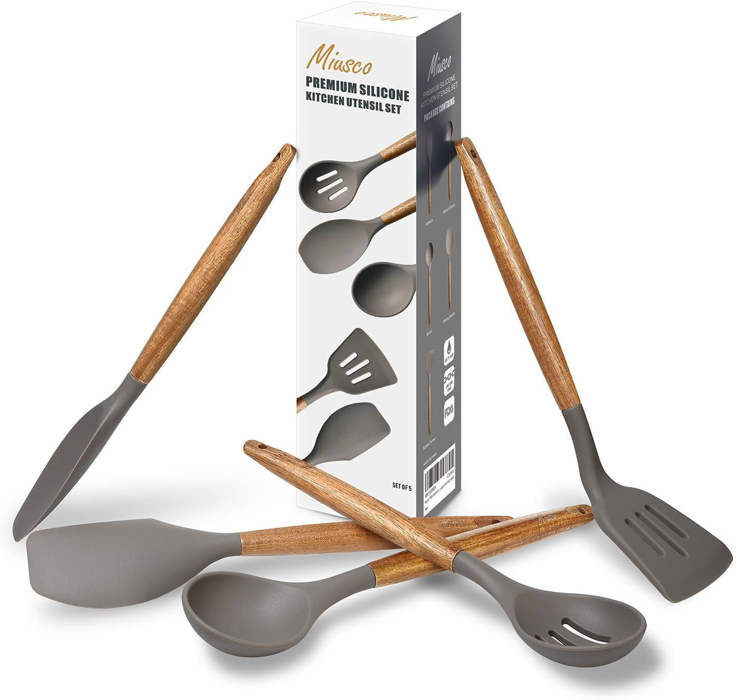 Kitchen Utensils Set, Silicone Cooking Utensils Set,Non-Stick Silicone Spatula Set with Natural Acacia Hard Wood Handle, 5 Piece, Upgraded Thickened Cookware