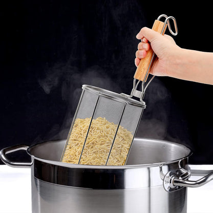 TOPZEA Spaghetti Pasta Strainer Spoon, Stainless Steel Noodle Strainer with Wood Handle, Kitchen Mesh Spider Strainer Food Strainer, Deep Fry Basket for Rinsing, Straining, Draining