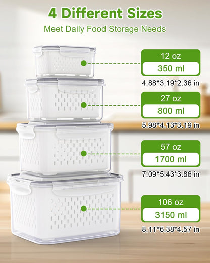 TBMAXS 5 Pack Fruit Storage Containers for Fridge Food Container with Colander Airtight BPA Free Plastic Berry Keeper Produce Vegetable Saver Bins Keep Fresh