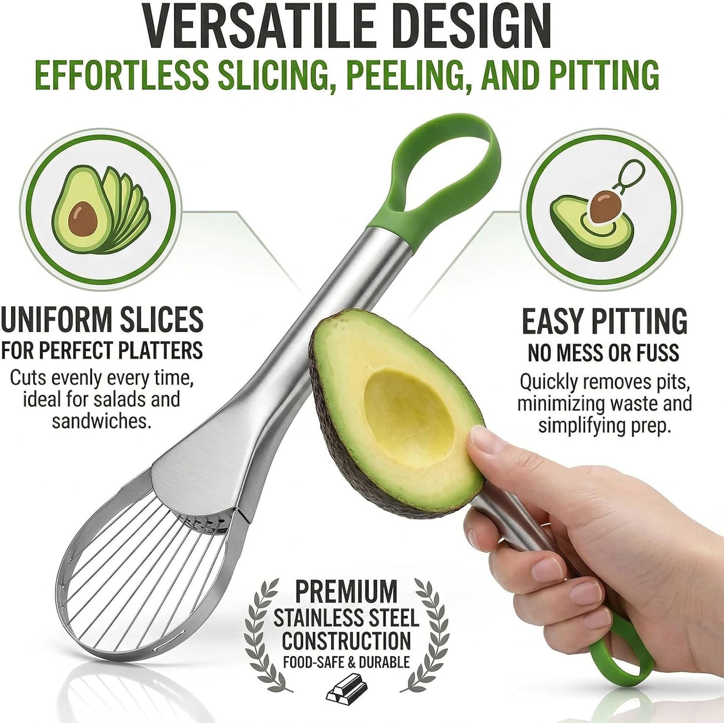 2-In-1 Avocado Slicer,Avocado Slicer Tool,Avocado Cutter,Multi-Function Avocado Tool,Avocado Knife,Efficient Avocado Saver,Dishwasher Safe,Well Made Stainless Tool For Slicing,Scooping,And Pit Removal