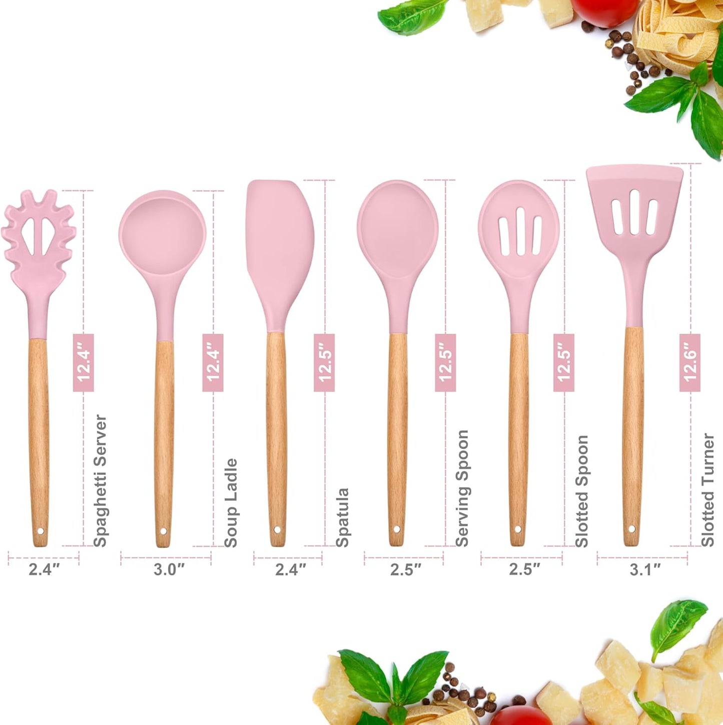 E-far Cooking Utensils Set of 6, Silicone Kitchen Utensils with Wooden Handle, Non-stick Cookware Friendly & Heat Resistant, Includes Spatula/Ladle/Slotted Turner/Serving Spoon/Spaghetti Server(Khaki)