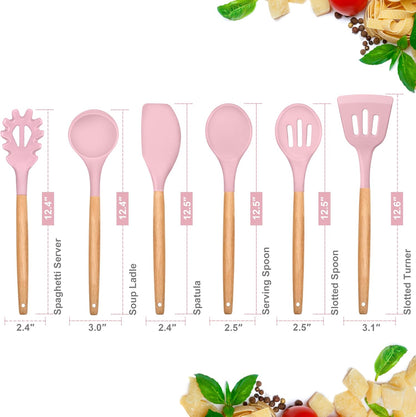 E-far Cooking Utensils Set of 6, Silicone Kitchen Utensils with Wooden Handle, Non-stick Cookware Friendly & Heat Resistant, Includes Spatula/Ladle/Slotted Turner/Serving Spoon/Spaghetti Server(Khaki)