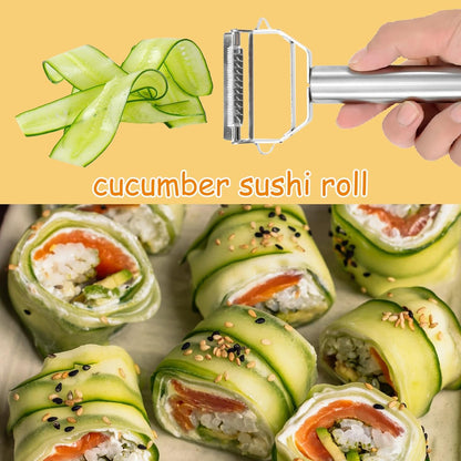Vegetable Peeler Julienne Slicer 3 in 1 Kitchen Peeler Zucchini Salad Maker Ultra Sharp Potato Peelers Stainless Steel No-Rust Carrot Cutter Anti-Slip Handle Cucumber Slicer + Cleaning Brush