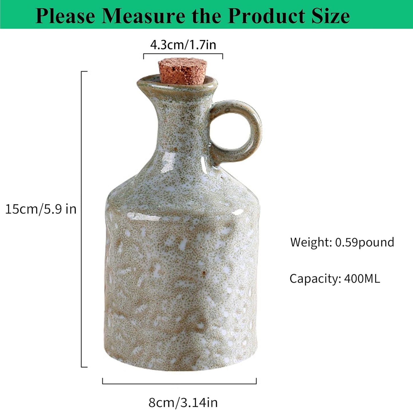 Ceramic Olive Oil Dispenser with Cork Stopper, Reactive Glaze Texture Oil Bottle, Leak - Proof Small Spout for Kitchen, Great for Storing Vinegar, Wine, Soy Sauce, Lemon Juice (GREEN)