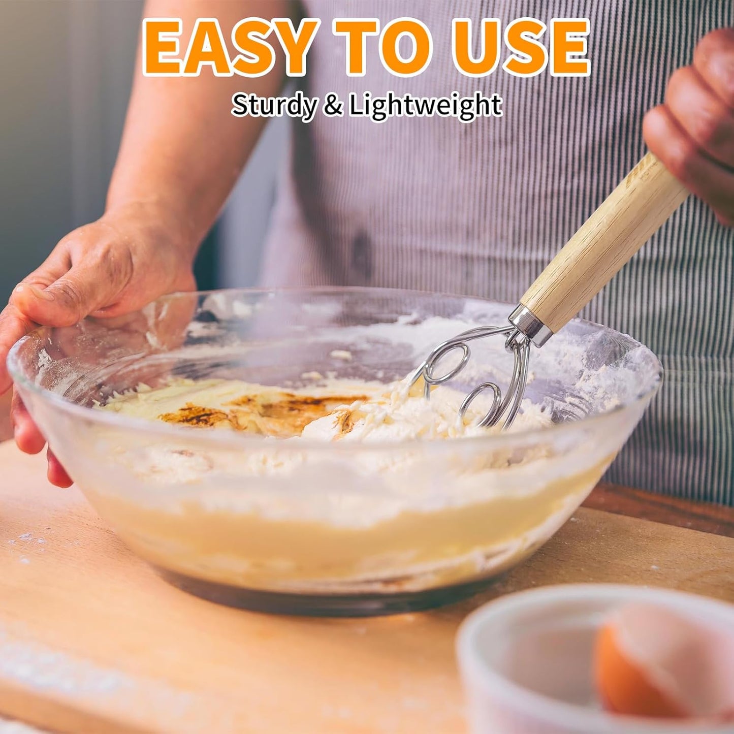 ALLTOP Danish Dough Whisk - Ultimate Dutch Mixer Hand Utensil with Stainless Steel Dough Hook - Essential Sourdough Stirring Stick for Perfect Bread Making Tool