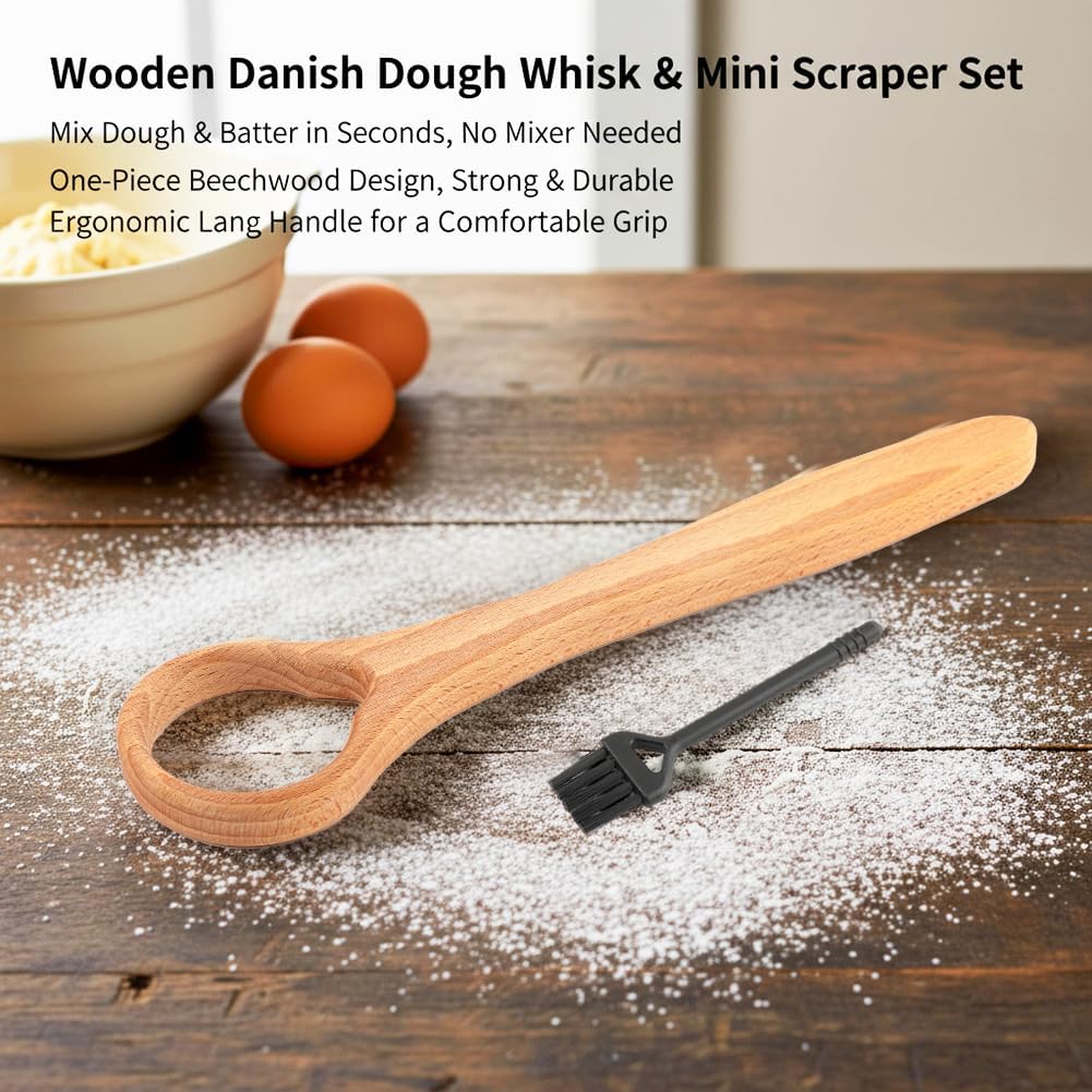 13-Inch Wooden Danish Dough Whisk, Bread Whisking Tool for Mixing Sourdough, Traditional Dutch Whisk for Pizza, Pastry, Cake Batter