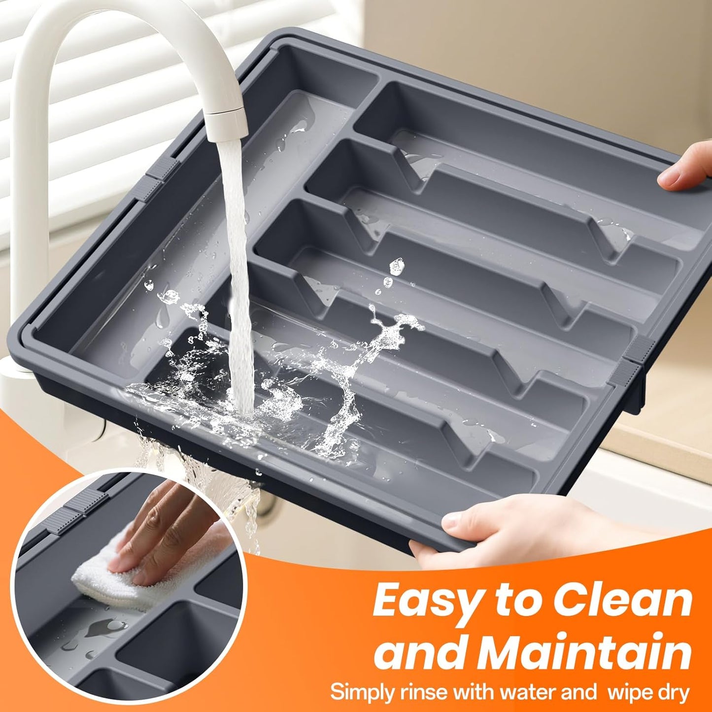 RoomHacks Large Silverware Organizer,Expandable Utensil Drawer Organizer,BPA Free Utensil Holder,Adjustable Silverware Tray Cutlery Drawer Organizer for Kitchen Flatware,Large,Black (6-8 Slots)