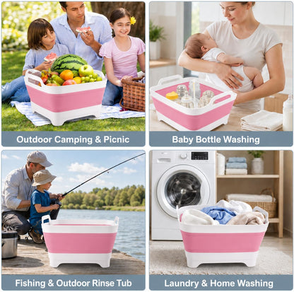 2.4 Gal(9L) Collapsible Dish Basin with Drain Plug, Space Saving Outdoor Multiuse Foldable Sink Tub, Dishpan, Kitchen Storage Tray for Camping, Vegetable Washing, RV (Gray)