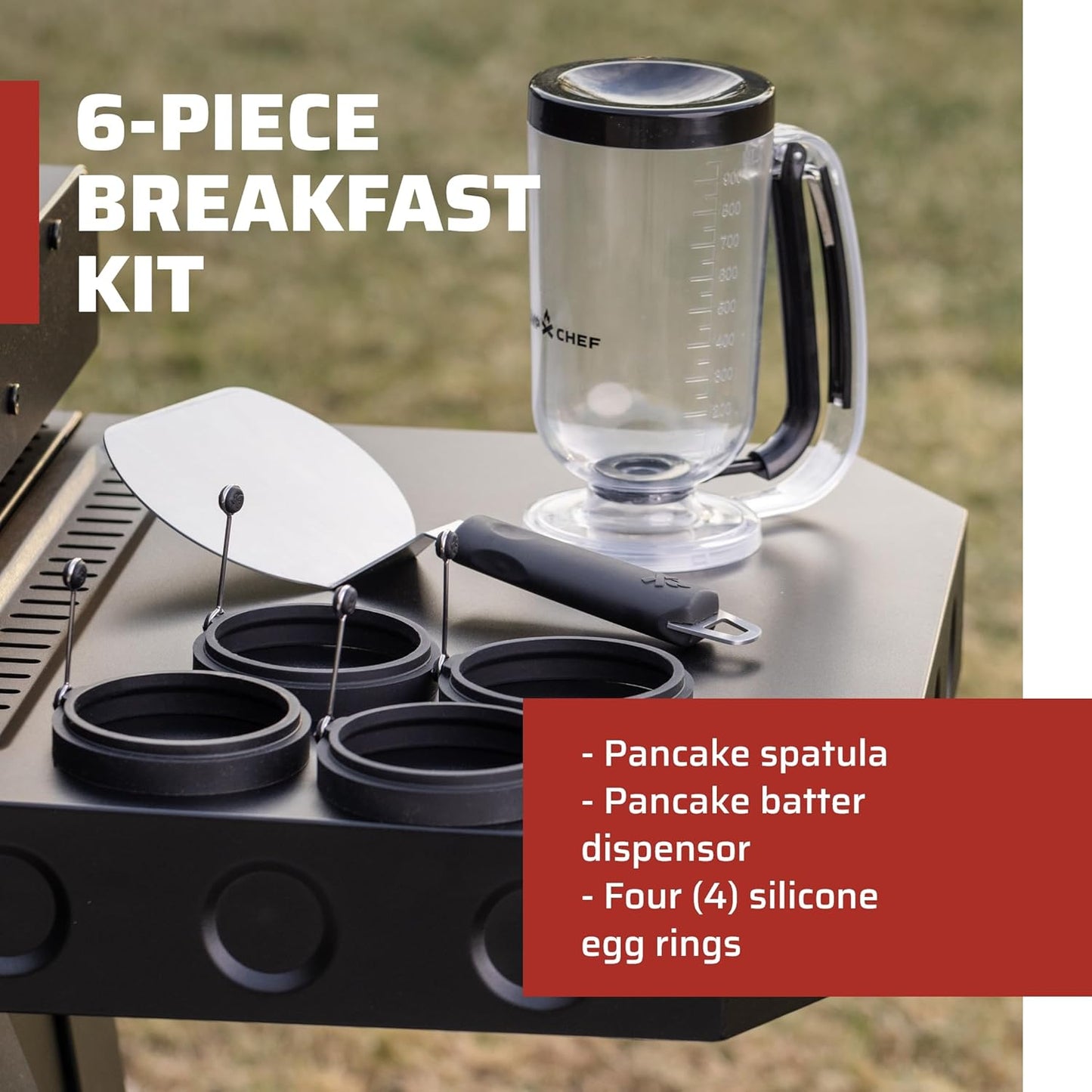 Camp Chef Breakfast Kit - Flat-Top Griddle Accessories Includes Pancake Batter Dispenser, Griddle Spatula & 4 Egg Rings