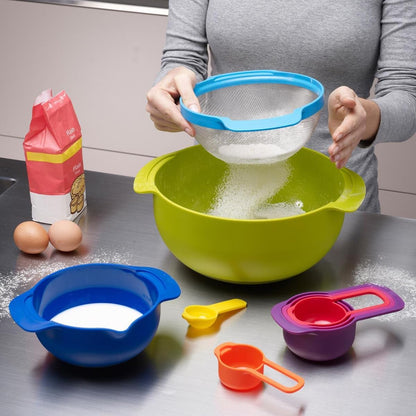 Joseph Joseph Nest 9 Plus, 9 Piece Compact Food Preparation Set with Mixing Bowls, Measuring cups, Sieve and Colander, MultiColor