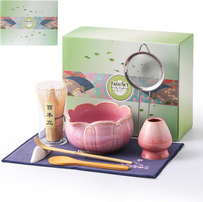 Matcha Whisk Set, 5 Pcs Ceramic Matcha Set, Matcha Kit Set Includes Matcha Bowl, Matcha Whisk and Holder, Bamboo Scoop and Sifter, Matcha Tea Set, Ideal Gift for Family/Friend (Pink)