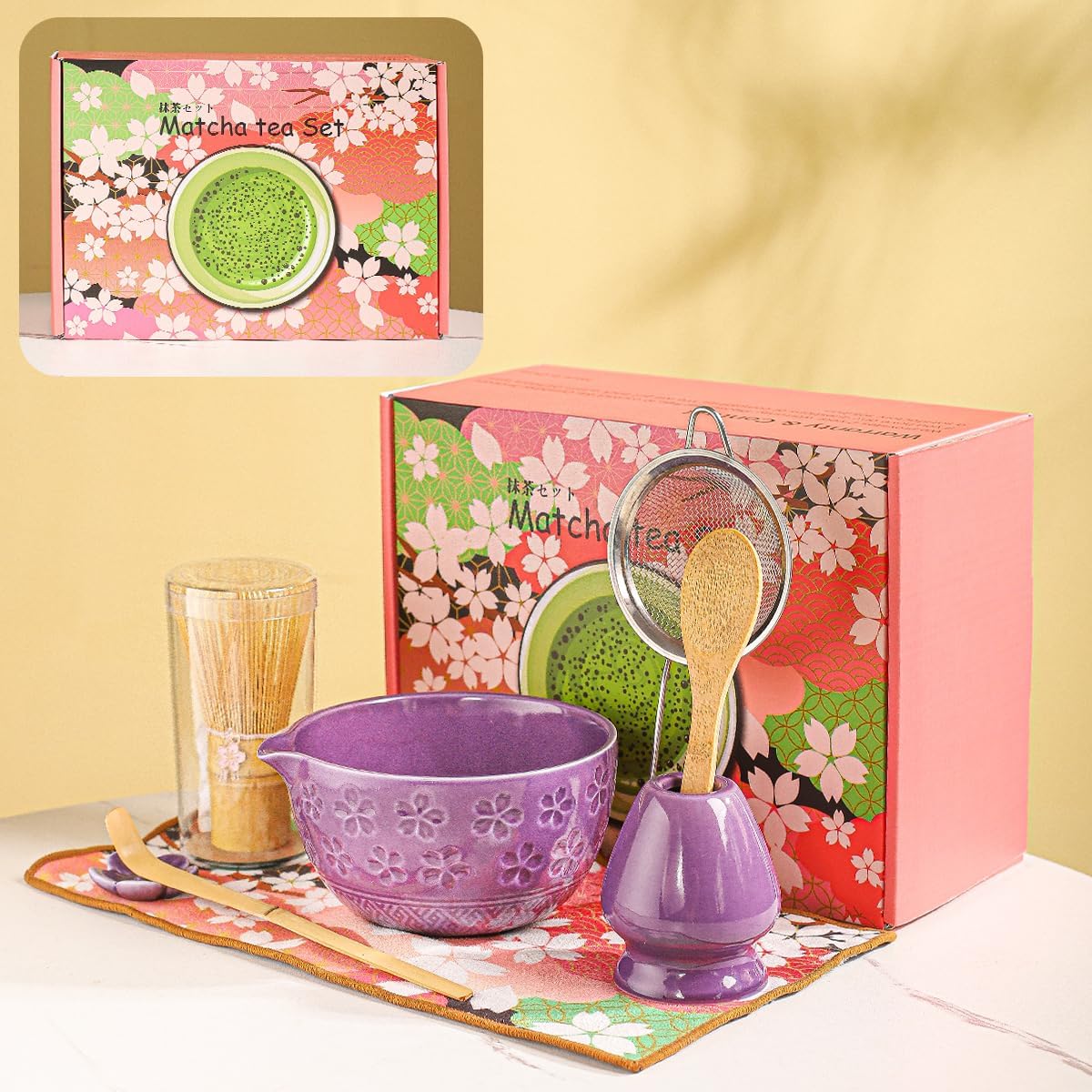 8-Piece Matcha Ceremony Set - Tea Kit with Cherry Blossom Bowl, Bamboo Whisk, Wood Scoops, Tea Cloth & Floral Display - Gift-Ready Pink Cherry color box (blue)