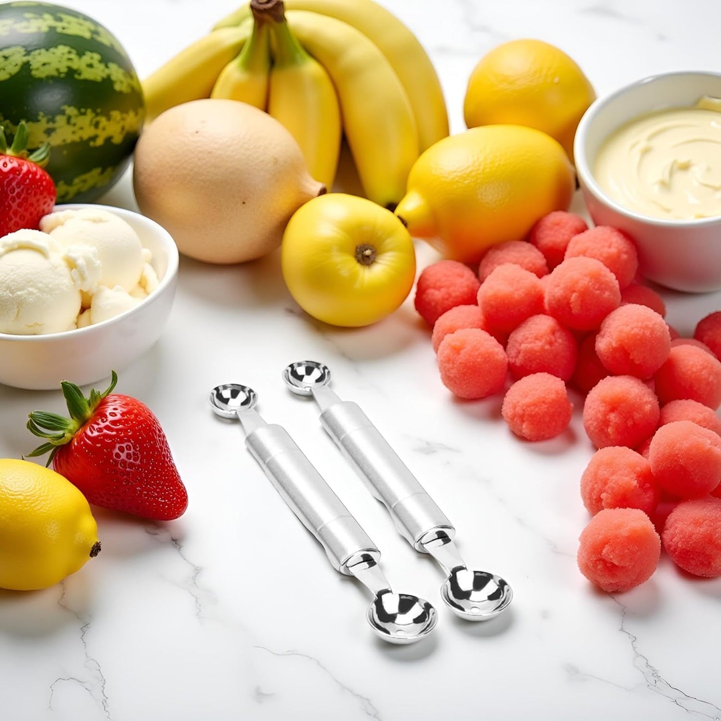 2 Pcs Double Ended Headed Fruit Icecream Ball Spoon Melon Baller Parisienne Scoop Smooth Round Melon Balls Melon Scoop for Watermelon/Ice 30mm Melon Ballers