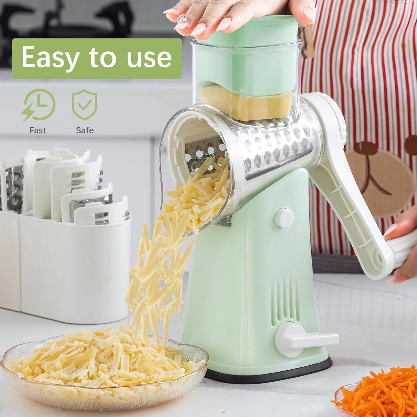 Rotary Cheese Grater, 5 in 1 Rotary Grater, Replaceable Stainless Blades Cheese Shredder, Cheese Slicer, Cheese Grater Hand Crank, Easy to Clean Kitchen Gadgets with Storage Box
