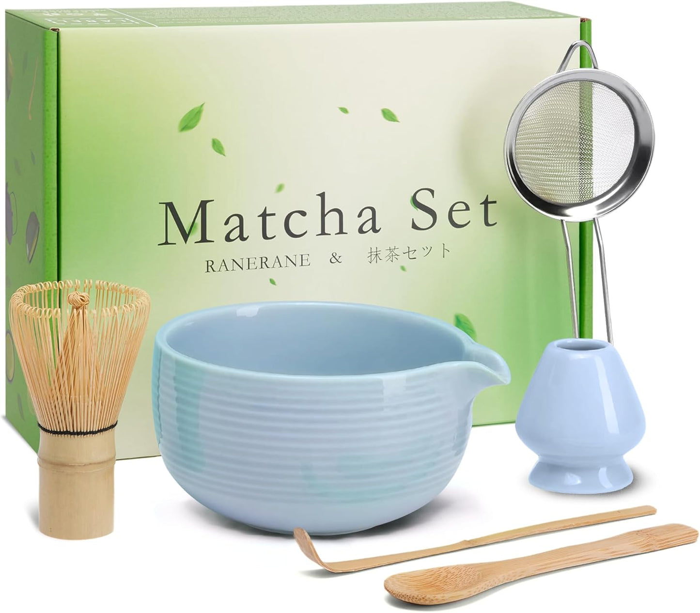 6-Piece Matcha Set, Matcha Whisk (Chasen) & Holder, Matcha Bowl with Spout, Sifter & Spoon, Bamboo & Ceramic, Dark Green