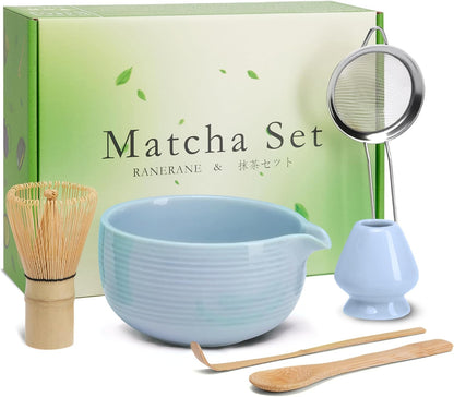 6-Piece Matcha Set, Matcha Whisk (Chasen) & Holder, Matcha Bowl with Spout, Sifter & Spoon, Bamboo & Ceramic, Dark Green
