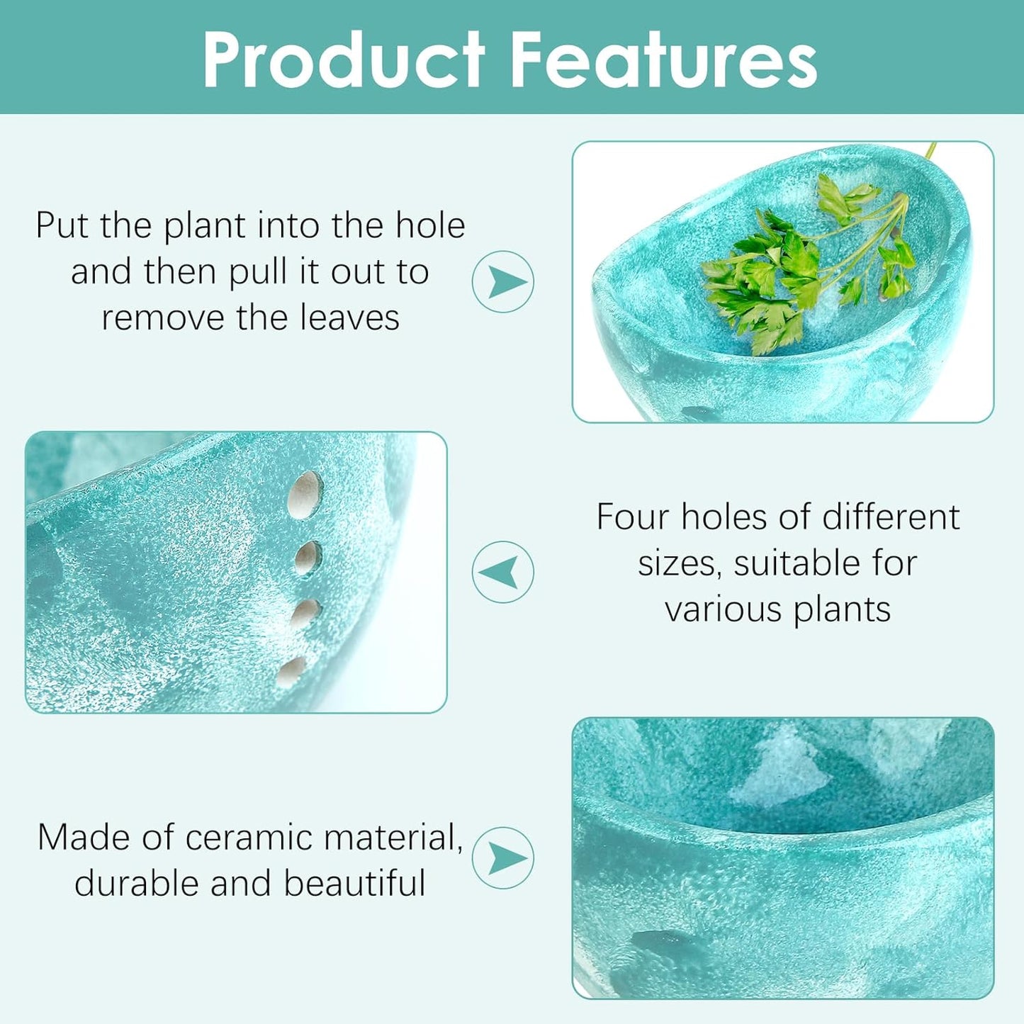 Pottery Herb Stripper Ceramic Bowl, Multiple Hole Sizes for Easy Leaf and Stem Separation, Durable and Dishwasher Safe Herb Stripping Tool for Kitchen Cooking (Green)