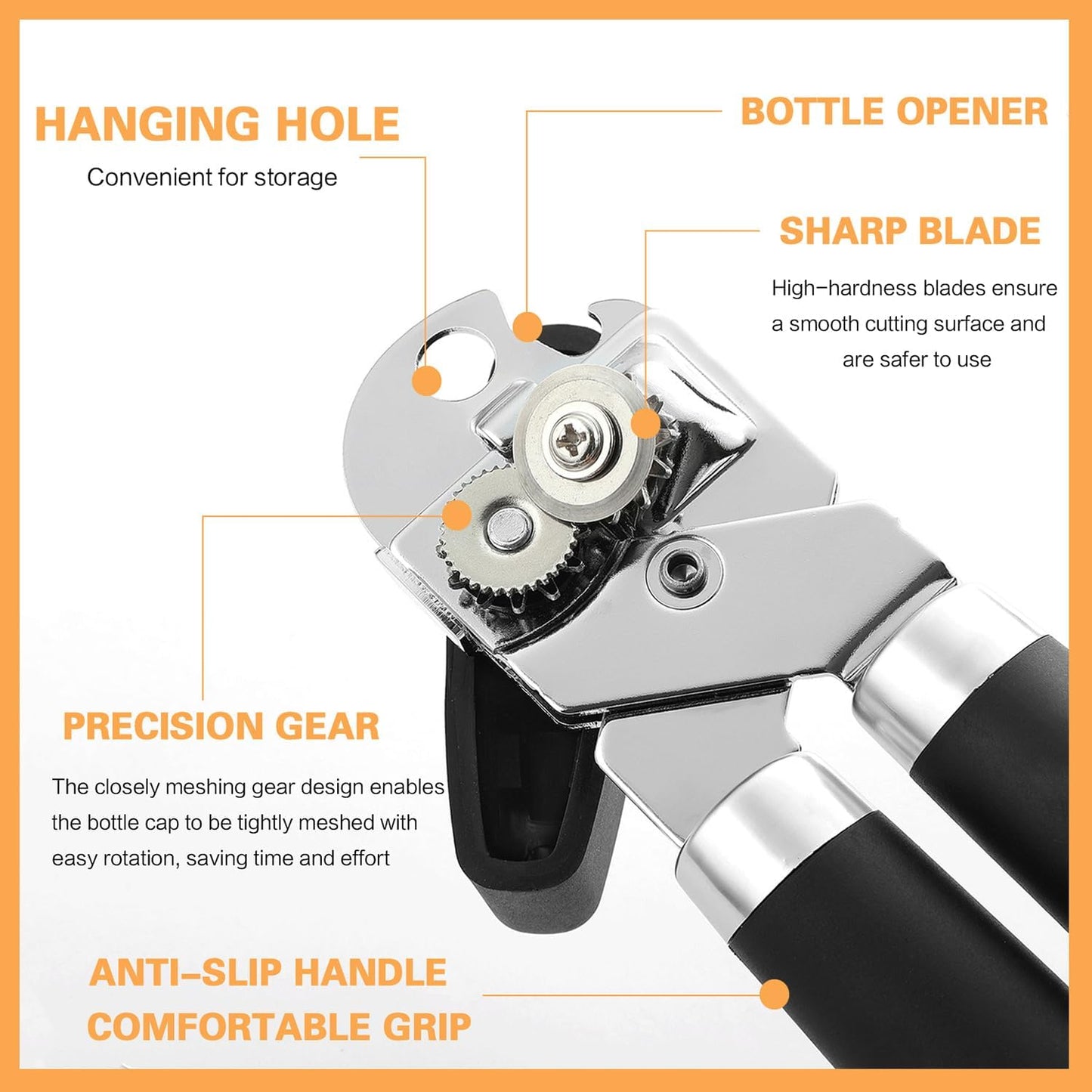 Manual Can Opener With Stainless Steel Cutting Wheel，Smooth Edge Can Opener Heavy Duty and Bottle Openers Easy to Use, Soft Comfortable Handle, Multifunctional Can Opener Tool, Black