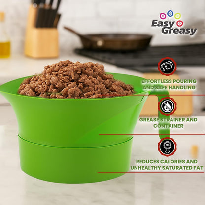 3-Piece Colander Grease Strainer Set – Green Grease Separator with Handle, Container & Lid – Strains Bacon, Pasta, Ground Beef – BPA-Free Kitchen Gadget