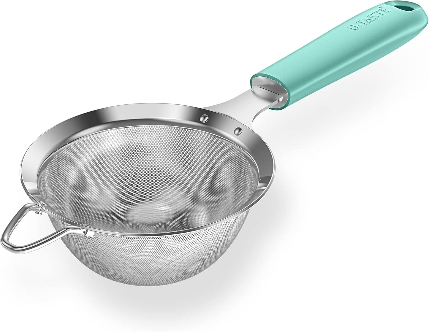 18/8 Stainless Steel Mesh Strainer: U-Taste 5.5 Inch Kitchen Fine Mesh Sieve Food Colander with Riveted Sturdy Silicone Handle and 30 Mesh Hole for Straining Flour, Pasta, Fruit, Quinoa(Aqua Sky)