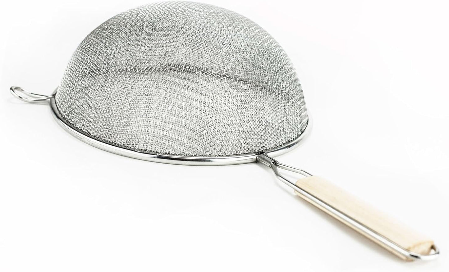 Huji 8-Inch Stainless Steel Double Mesh Food Strainer Colander - Fine Sieve Sifter with Wooden Handle for Kitchen Cooking, Pasta, Rice, Noodles, and More