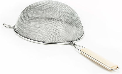 Huji 8-Inch Stainless Steel Double Mesh Food Strainer Colander - Fine Sieve Sifter with Wooden Handle for Kitchen Cooking, Pasta, Rice, Noodles, and More