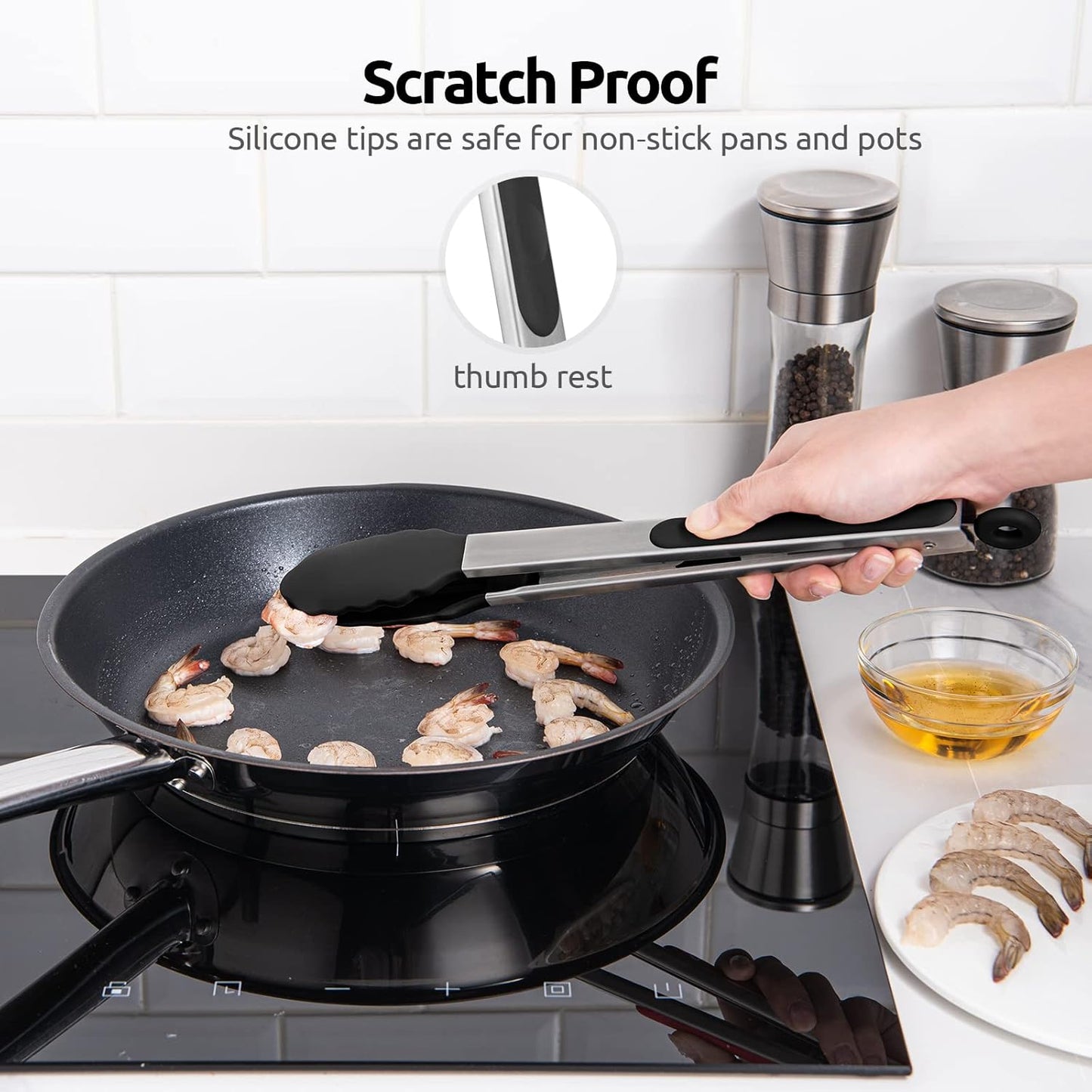 600ºF Heat Resistant Kitchen Tongs: U-Taste 9 inch Silicone Cooking Tong with Firm Sealed Non Stick Rubber Tips & Silicon Coated 18/8 Stainless Steel Handle & Smooth Locking for Serving Salad (Black)