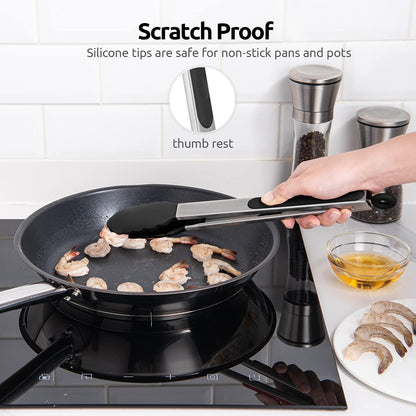 600ºF Heat Resistant Kitchen Tongs: U-Taste 9 inch Silicone Cooking Tong with Firm Sealed Non Stick Rubber Tips & Silicon Coated 18/8 Stainless Steel Handle & Smooth Locking for Serving Salad (Black)